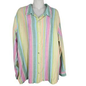 Coldwater Creek Shirt Womens Size XL Linen Button Front Striped Yellow Pastel